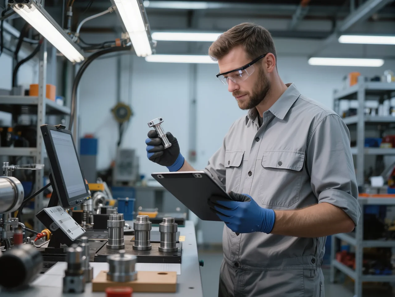Technicien contrôlant une pièce aéronautique avec suivi de traçabilité sur tablette