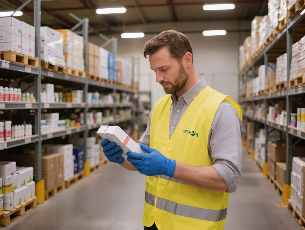 Opérateur logistique contrôlant la traçabilité de produits cosmétiques en entrepôt