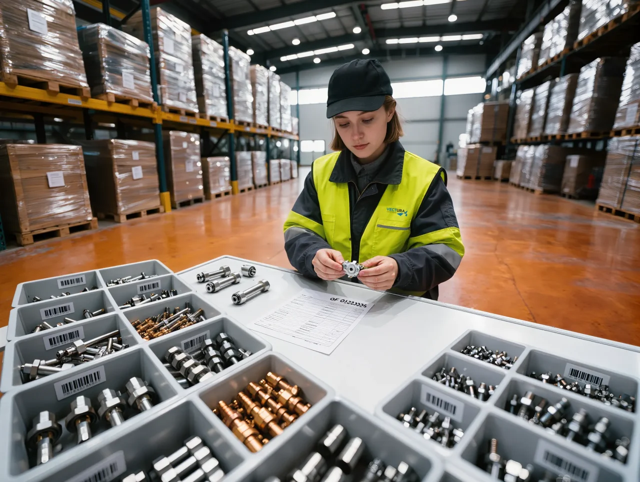 Opératrice logistique réalisant un kitting industriel avec pièces mécaniques et ordre de fabrication