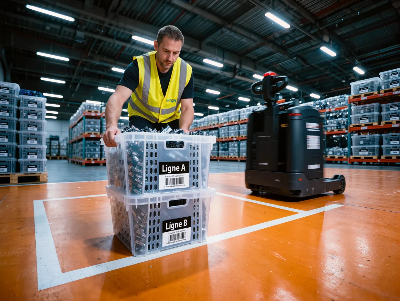 Opérateur logistique préparant des bacs identifiés pour ligne de production en environnement automotive