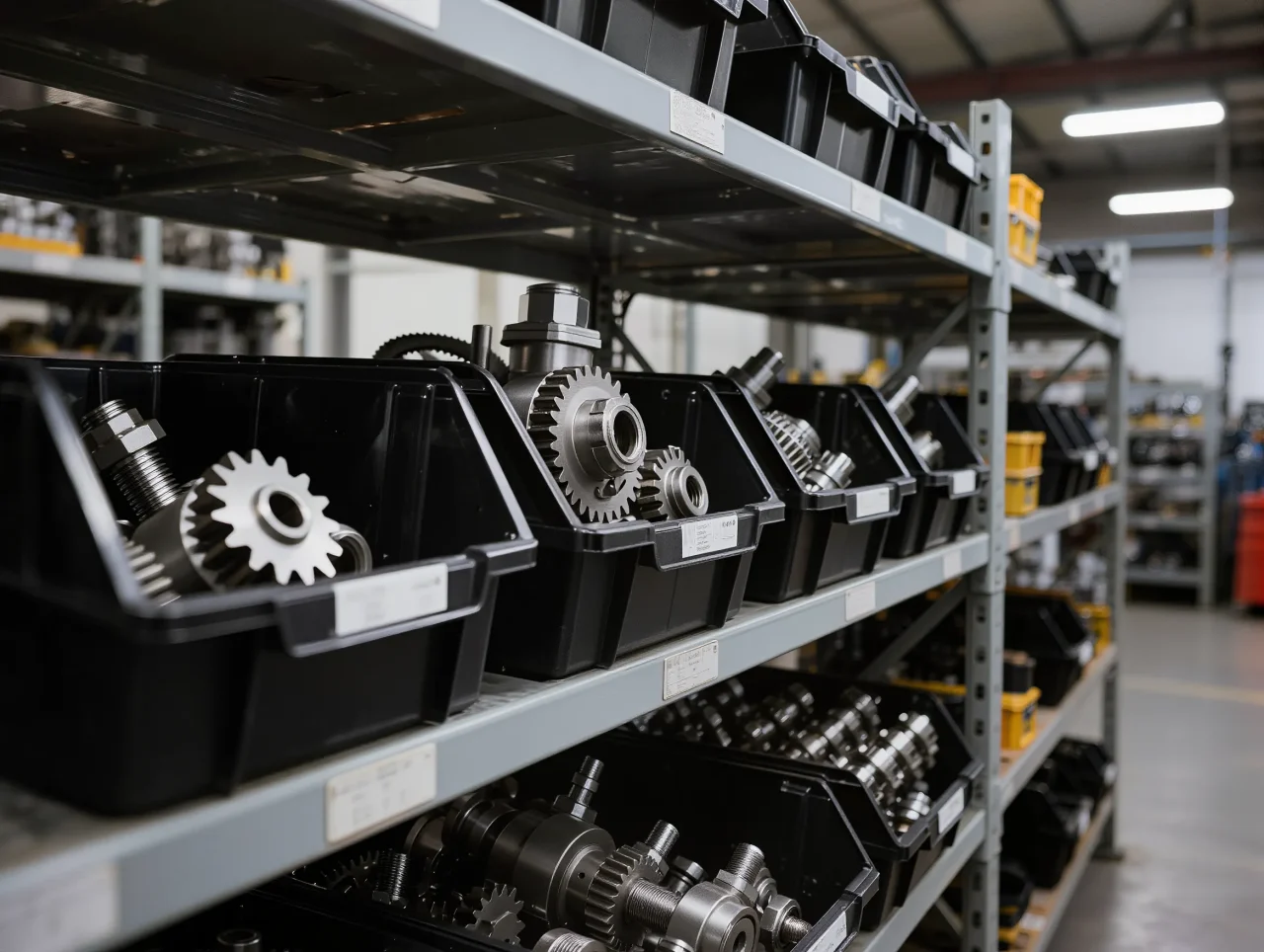 Stockage organisé de pièces mécaniques automobiles en bacs logistiques