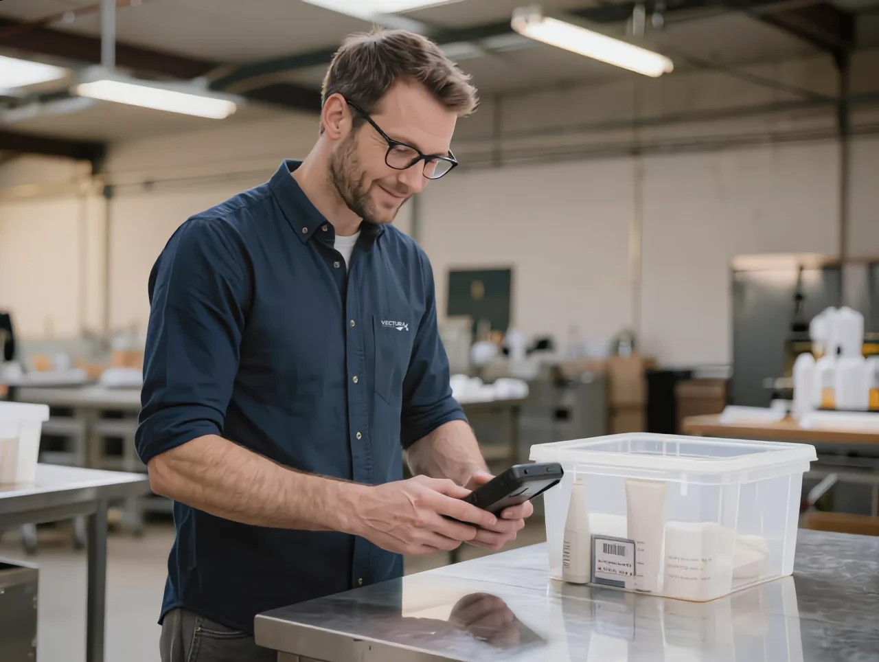 Contrôle qualité et traçabilité de produits cosmétiques dans un entrepôt logistique