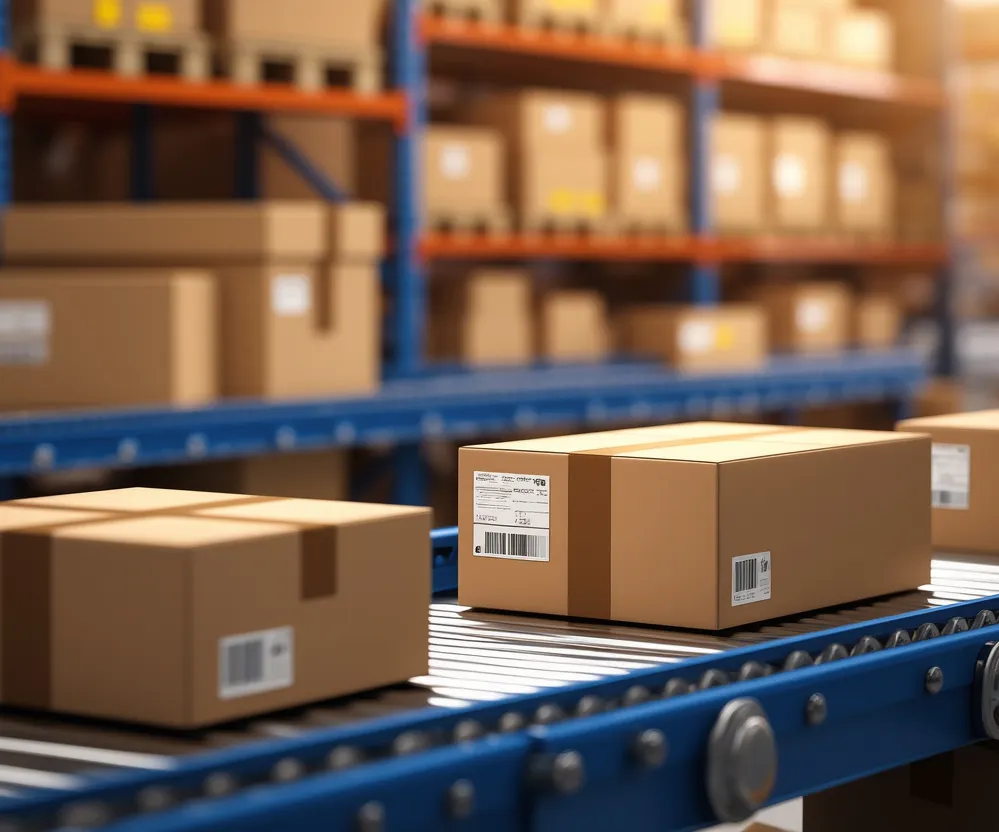 Colis e-commerce sur convoyeur logistique
