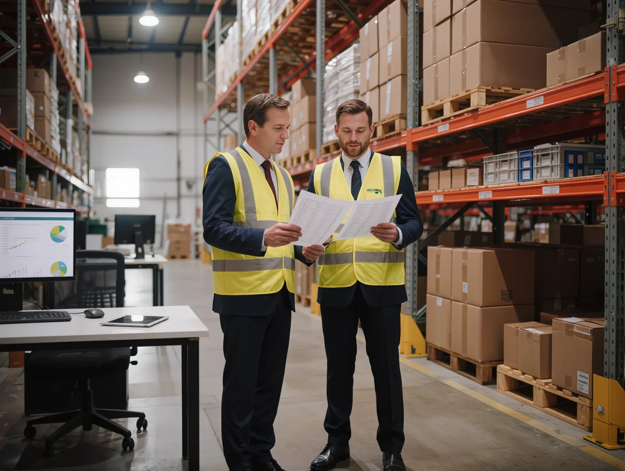 Deux responsables logistiques vérifient un reporting de traçabilité dans un entrepôt