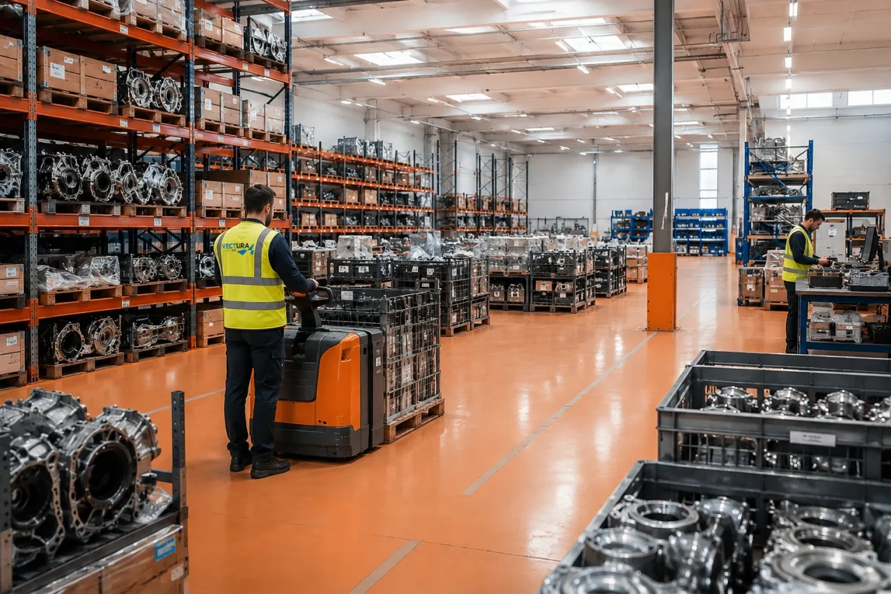 Entrepôt logistique automotive avec stockage de pièces détachées et opérateurs en gilet de sécurité