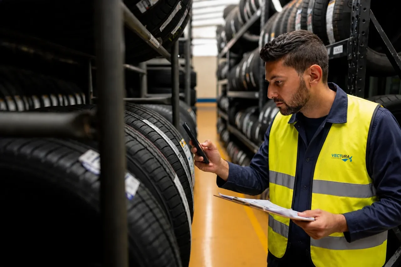 Opérateur en gilet de sécurité contrôlant des pneumatiques dans un entrepôt logistique automotive