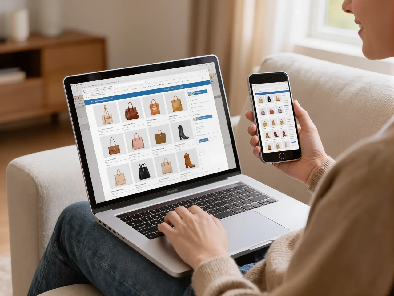 Cliente utilisant un ordinateur et un smartphone pour une expérience e-commerce omnicanale