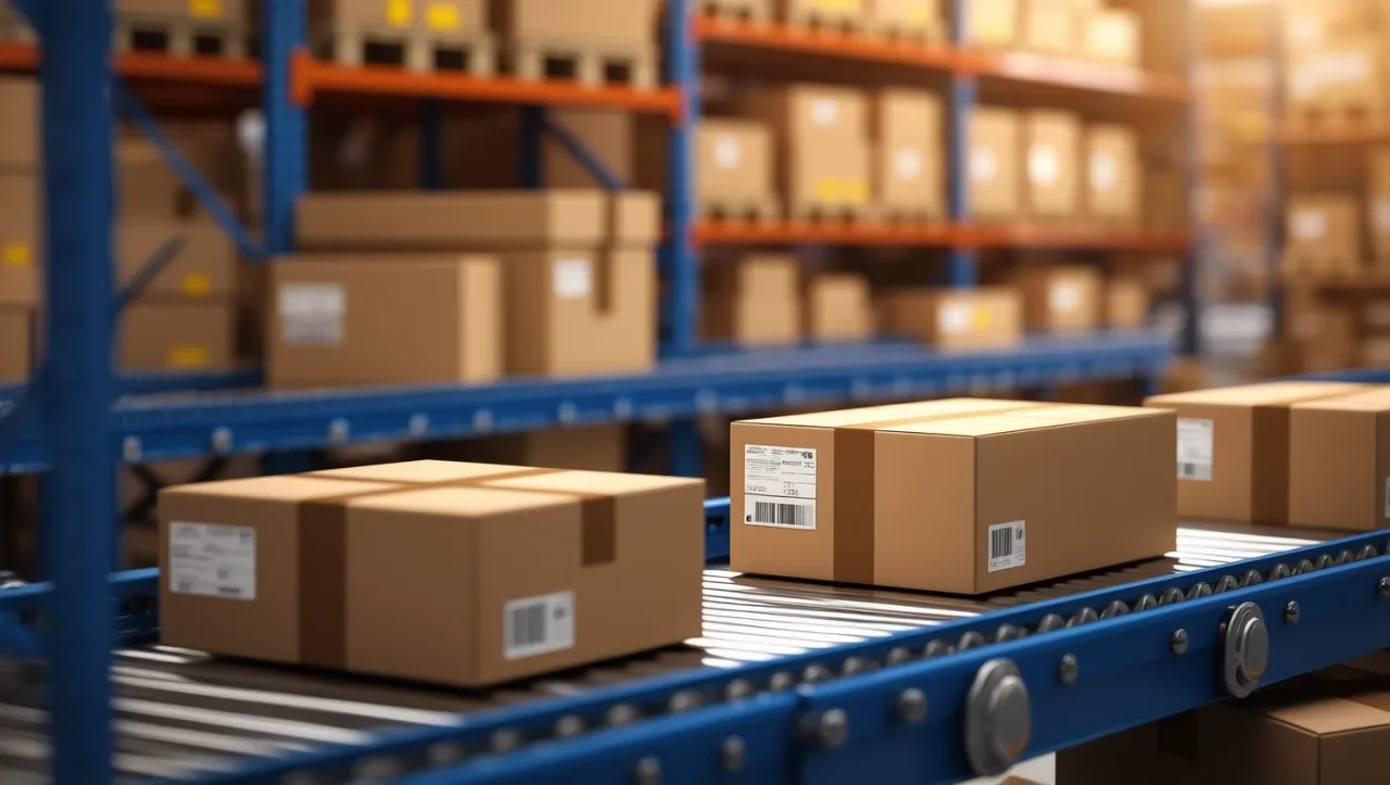 Colis e-commerce sur convoyeur dans un entrepôt logistique BtoC