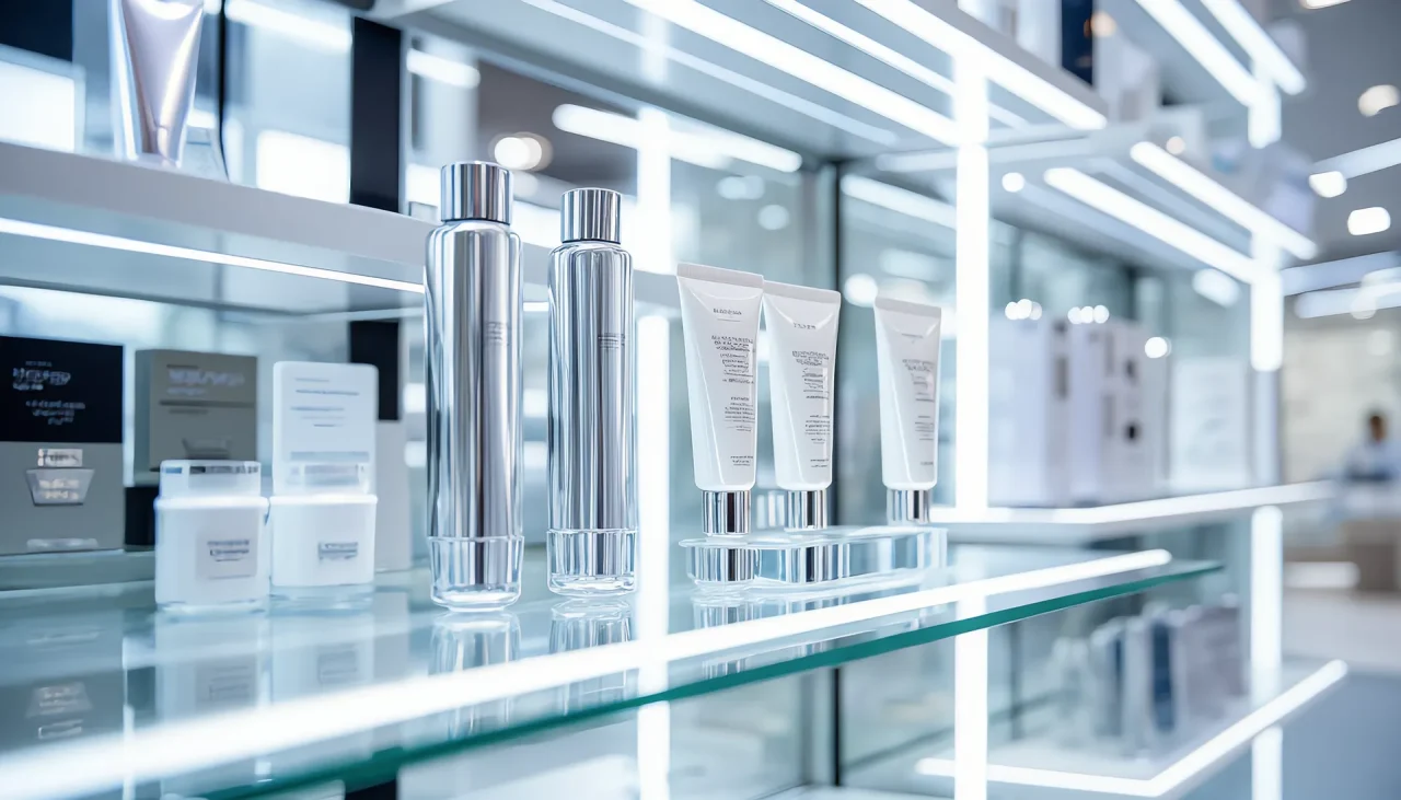 Produits cosmétiques dans un environnement premium illustrant la logistique cosmétique et santé