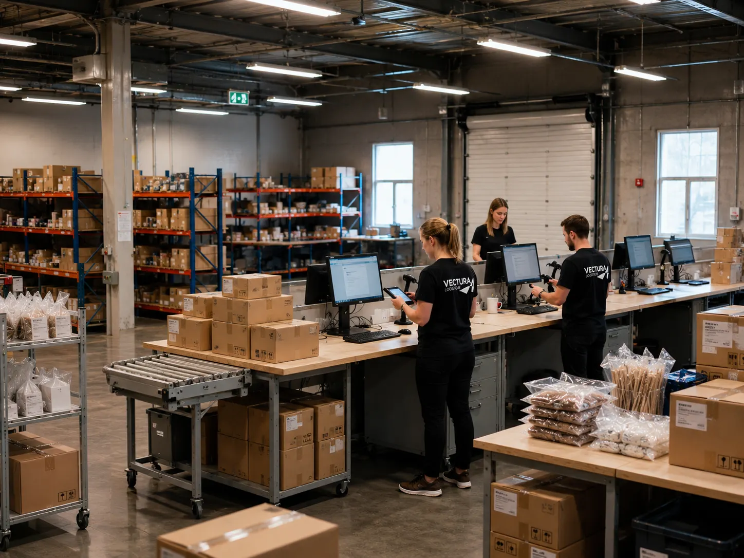 Préparateurs de commandes Vectura Logistique utilisant scanners et postes informatiques dans une zone de préparation e-commerce