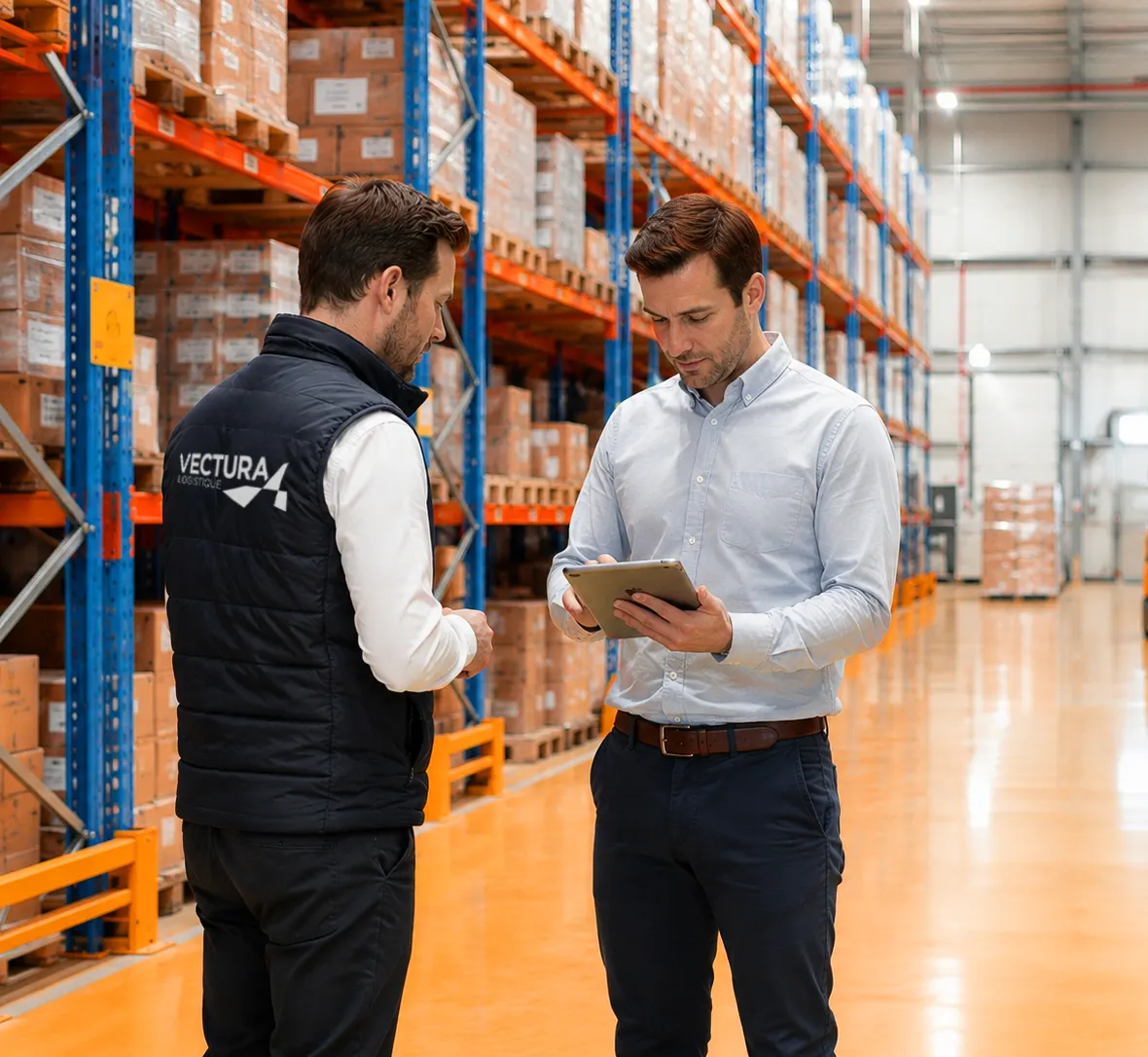 Responsables logistiques échangeant dans un entrepôt Vectura Logistique