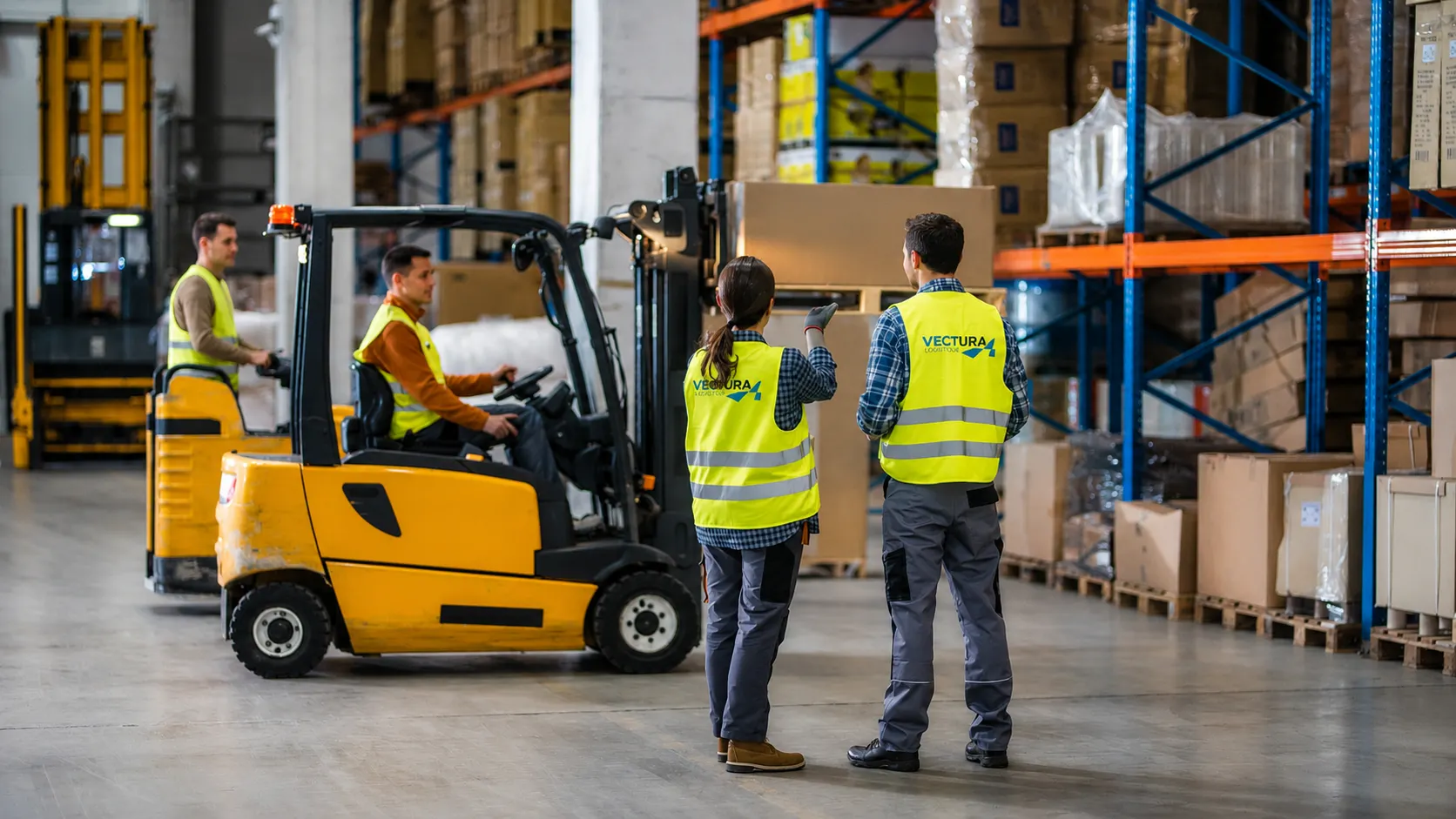 Équipes logistiques Vectura dans un entrepôt avec chariot élévateur et zones de stockage