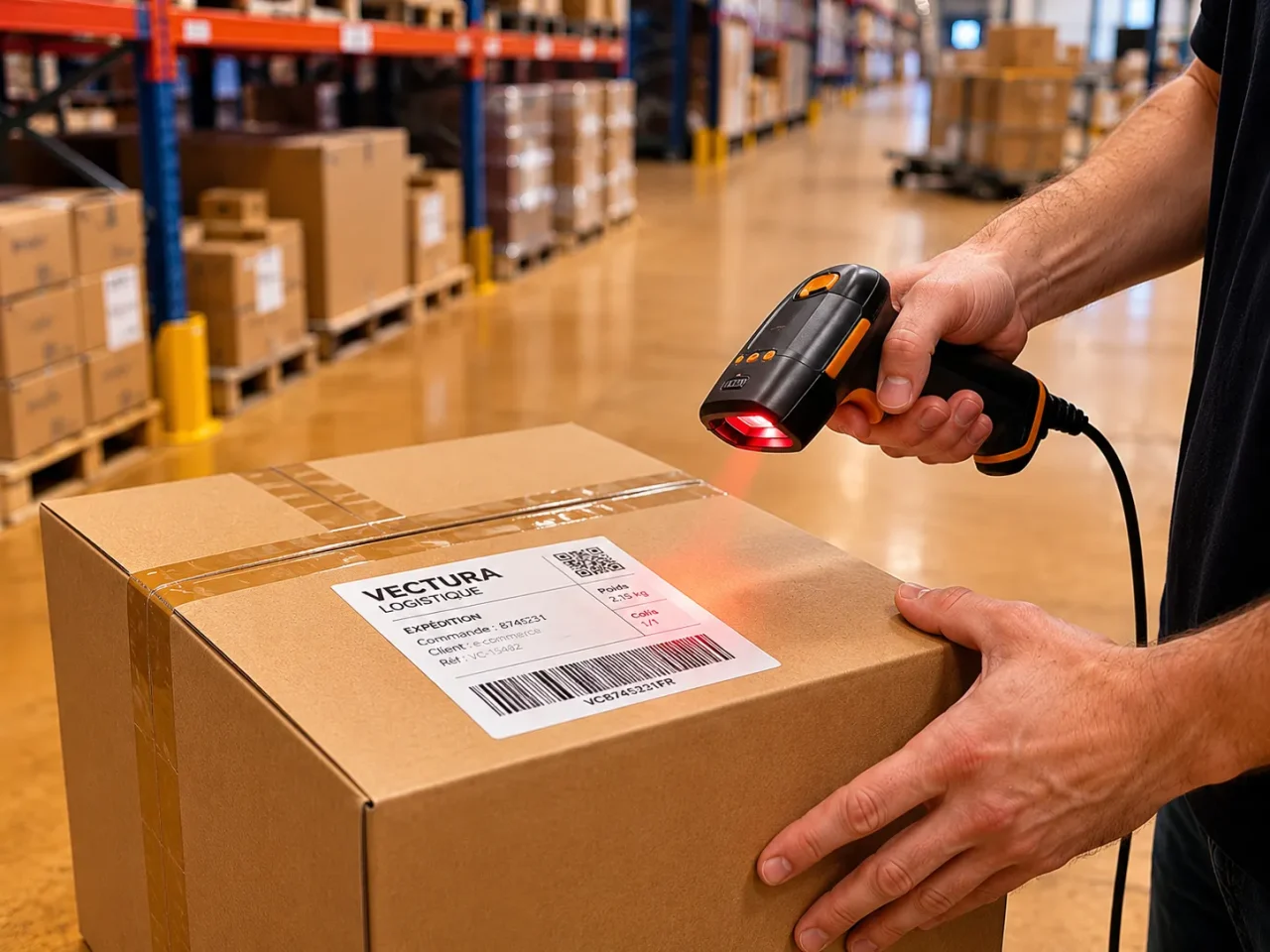 Scan d’un colis avec une douchette code-barres dans un entrepôt logistique pour assurer la traçabilité et le suivi des commandes